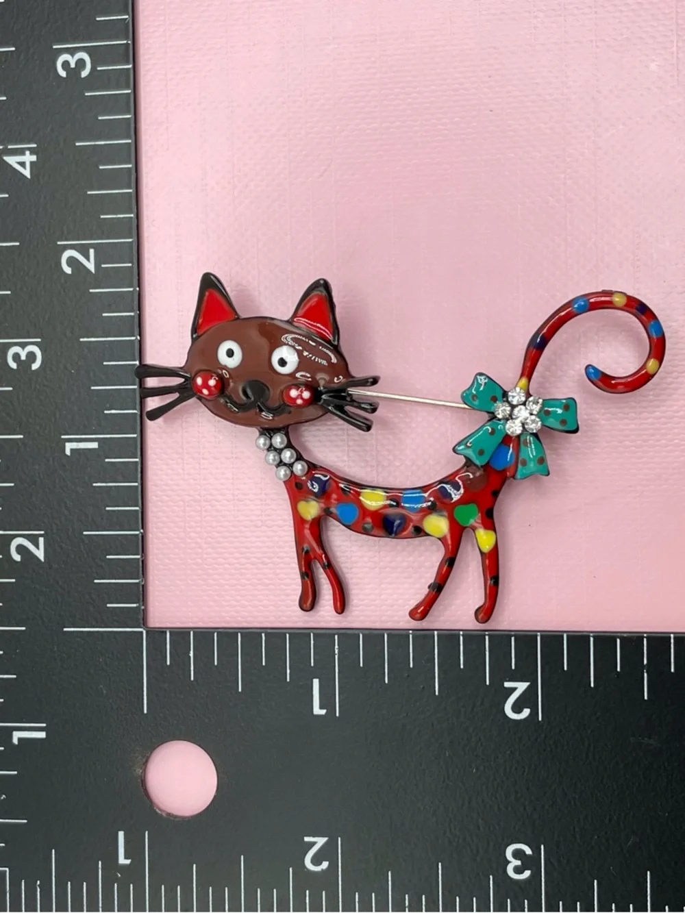 Whimsical Red Cat Brooch with Multicolor Hearts and Teal Bow - Picture 3 of 4